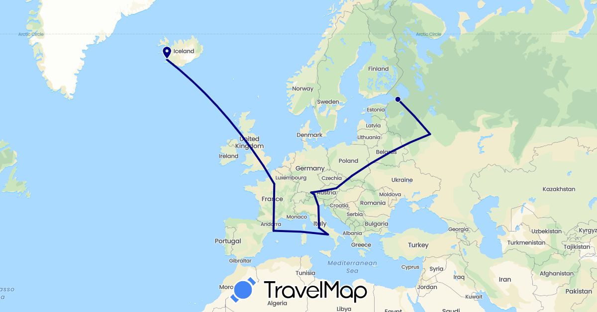 TravelMap itinerary: driving in Austria, Germany, Spain, France, United Kingdom, Iceland, Italy, Poland, Russia (Europe)